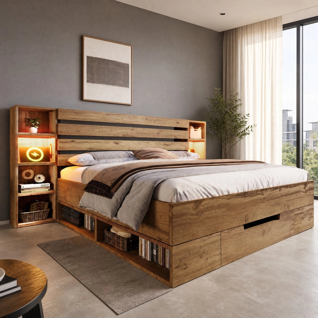 Letto matrimoniale 160x200 cm con LED; USB e Type-C; ripiani e 2 cassetti; rovere