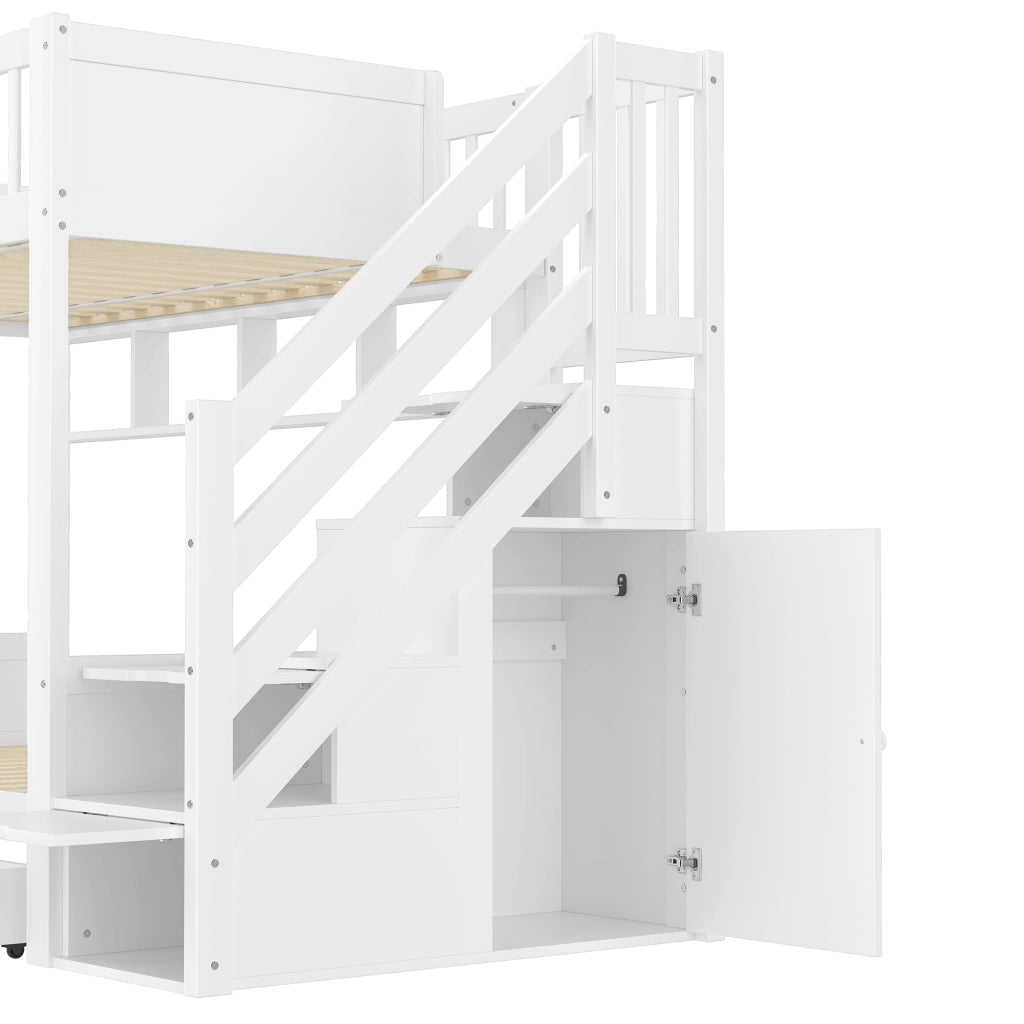 Letto a castello 90 × 200 cm 2 posti con armadio; 2 cassetti; 4 mensole e scala contenitore; senza materasso; bianco