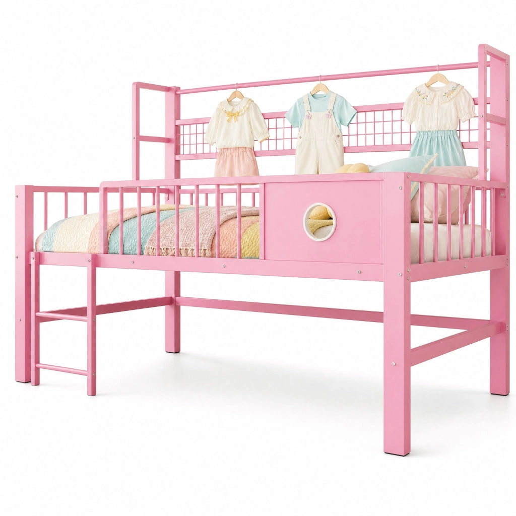 Letto a castello basso per bambini 90x200 cm in metallo con spazio contenitivo, rosa