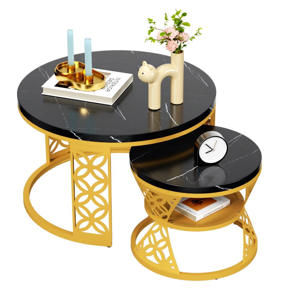 Set di 2 tavolini da caff¨¨ rotondi 70x70x45 cm; effetto marmo; impilabili; MDF e metallo nero dorato