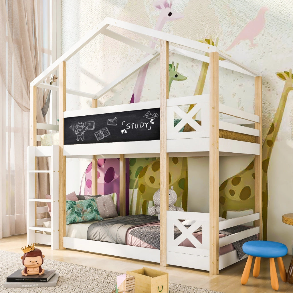 Letto a castello per bambini Yeavio 90x200 cm in legno di pino naturale e MDF con scala e rete a doghe