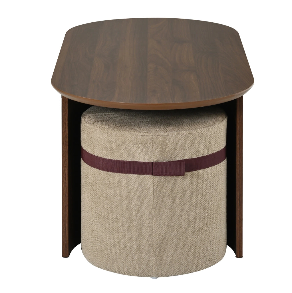 Set tavolino da salotto ovale con 2 pouf imbottiti in MDF e legno di pino noce HAVRYA