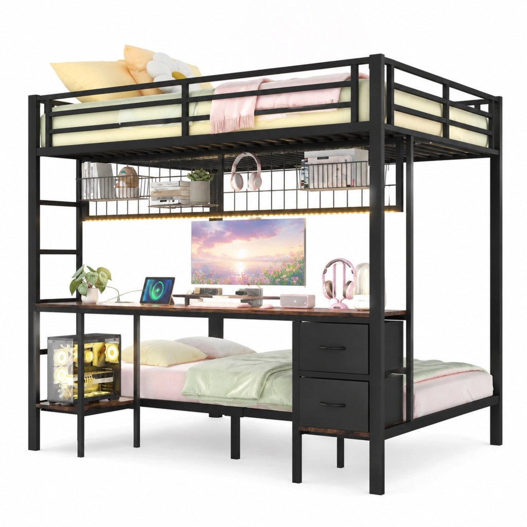 Letto a soppalco 140 x 200 cm nero con scrivania, LED e contenitore