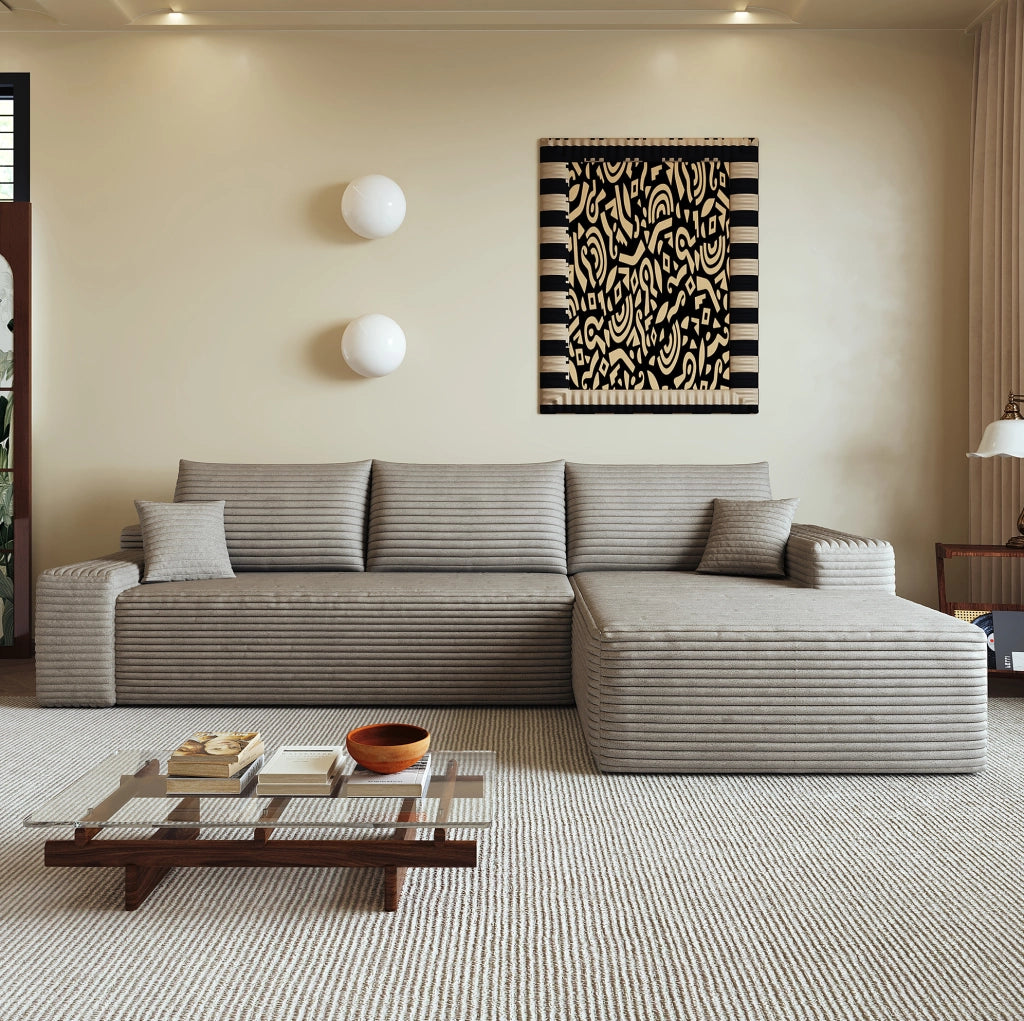 Divano in tessuto a coste color cammello 270x175x83 cm con imbottitura in schiuma
