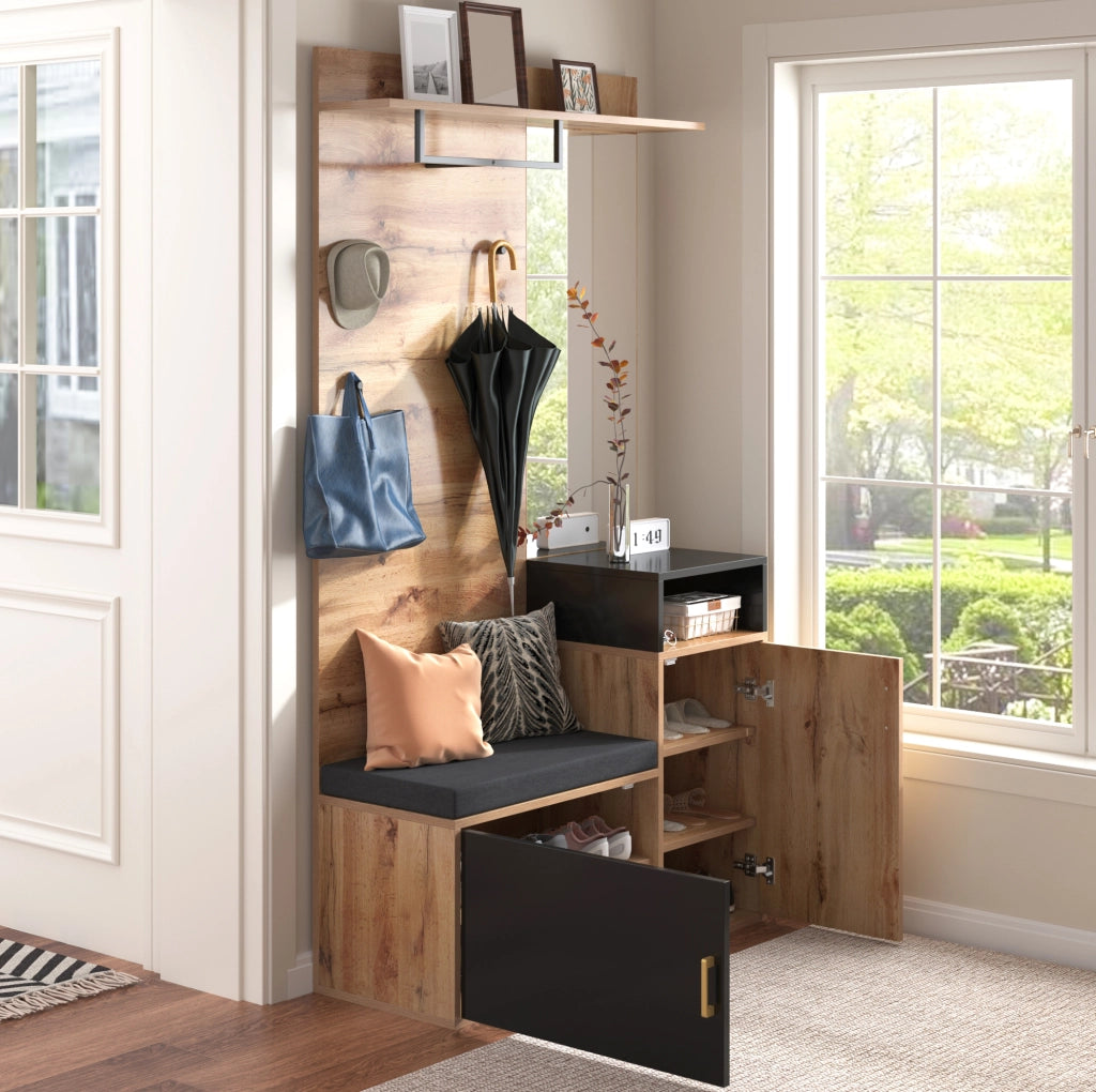 Set ingresso con appendiabiti, specchio, scarpiera, panca e ripiano superiore in legno e nero, 105x40x191,5 cm