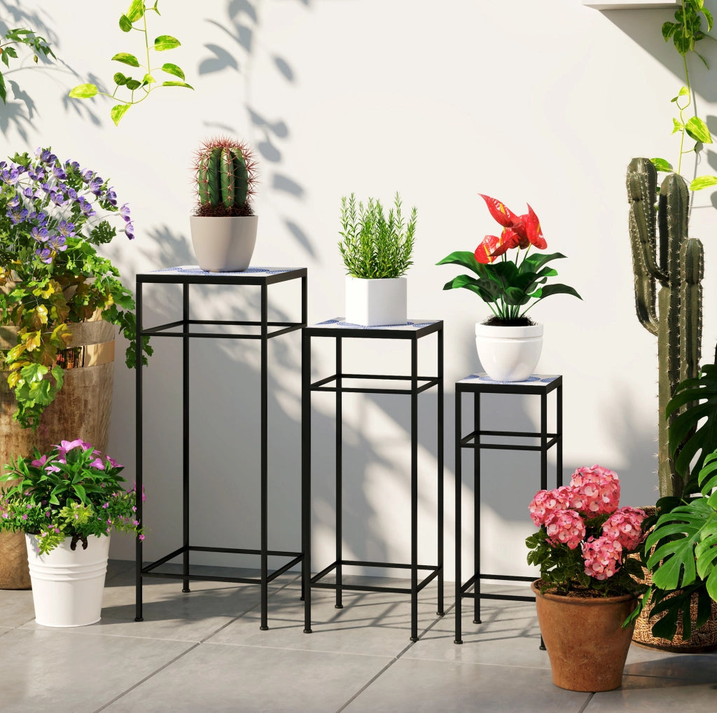 Set di 3 supporti per piante 71 x 28 x 28 cm in metallo blu e bianco da interno