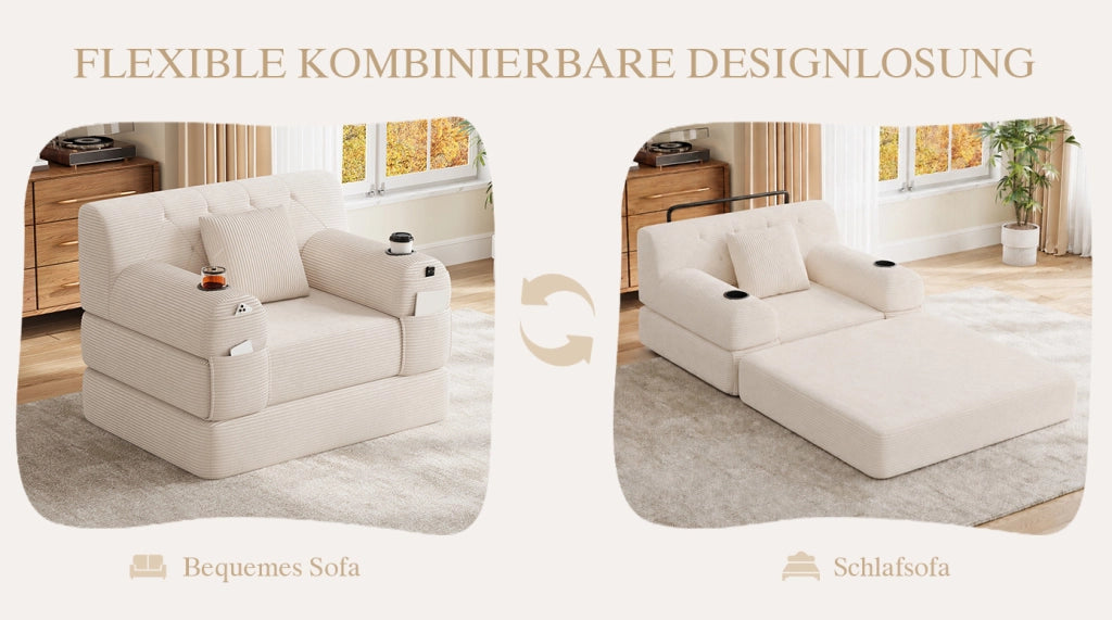 Divano Letto 1 Posto in Corduroy Beige con Schienale Alto, Telaio in Metallo, 2 Porta Bicchieri e 4 Tasche Laterali, Ideale per Soggiorno e Spazi Compatti