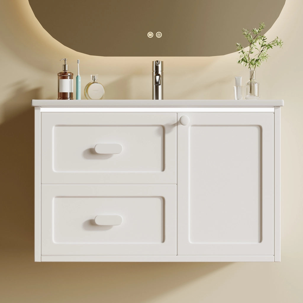Mobiletto con lavabo sospeso in MDF e ceramica con LED a sensore radar; 2 cassetti bianco 76 × 46 × 51 cm