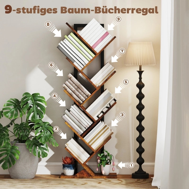 Libreria ad albero a 9 ripiani marrone rustico 50x24x136 cm