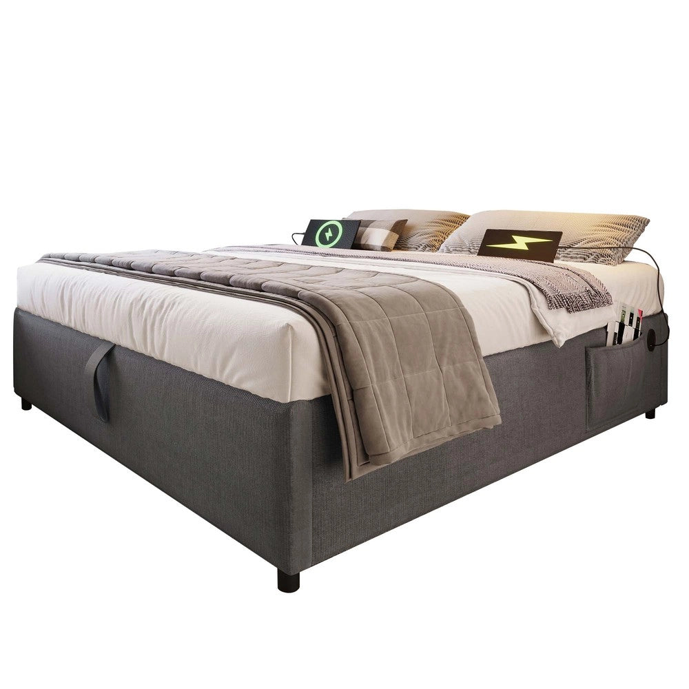 Letto imbottito matrimoniale ¨C Minimal ¨C Grigio tessuto 140x200 cm con rete a doghe senza testiera porta USB-C