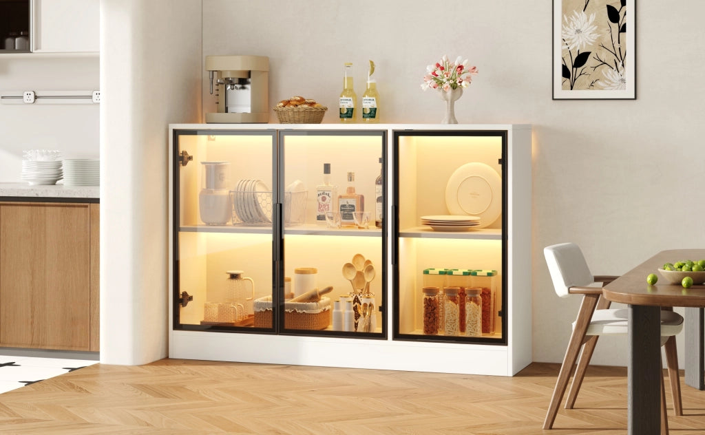 Vetrina ULEVR 120x30x73 cm bianca con vetro grigio, LED multicolore e ante con chiusura ammortizzata