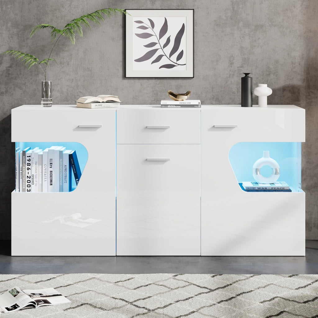 Madia per soggiorno con 3 ante cassetto vetro di sicurezza e LED MDF bianco lucido 140 × 33 × 70 cm