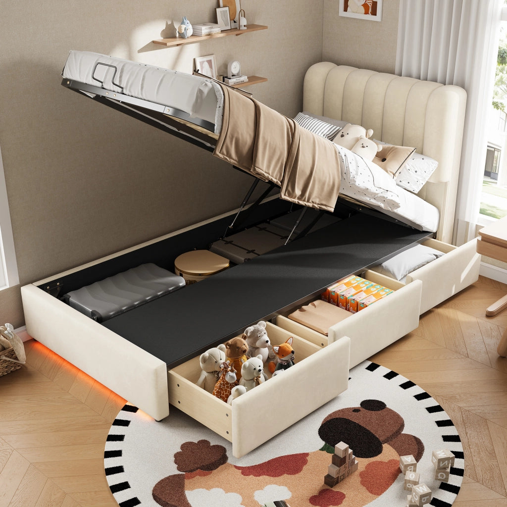 Letto contenitore per bambini 90 × 200 cm con vano idraulico, 3 cassetti e luce LED, senza materasso, velluto beige