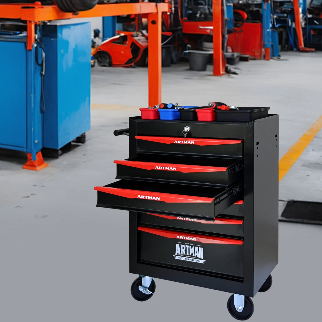 Carrello portattrezzi mobile in acciaio con 6 cassetti, dimensioni 60x33x77,5 cm, colore nero e rosso