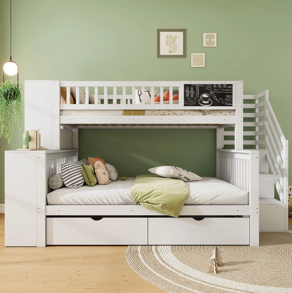 Letto a castello per bambini in pino bianco con lavagna e contenitori