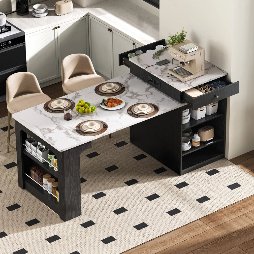 Tavolo allungabile con prese integrate; contenitore e ripiani regolabili bianco e nero 80 × 71–111–151 × 92 cm