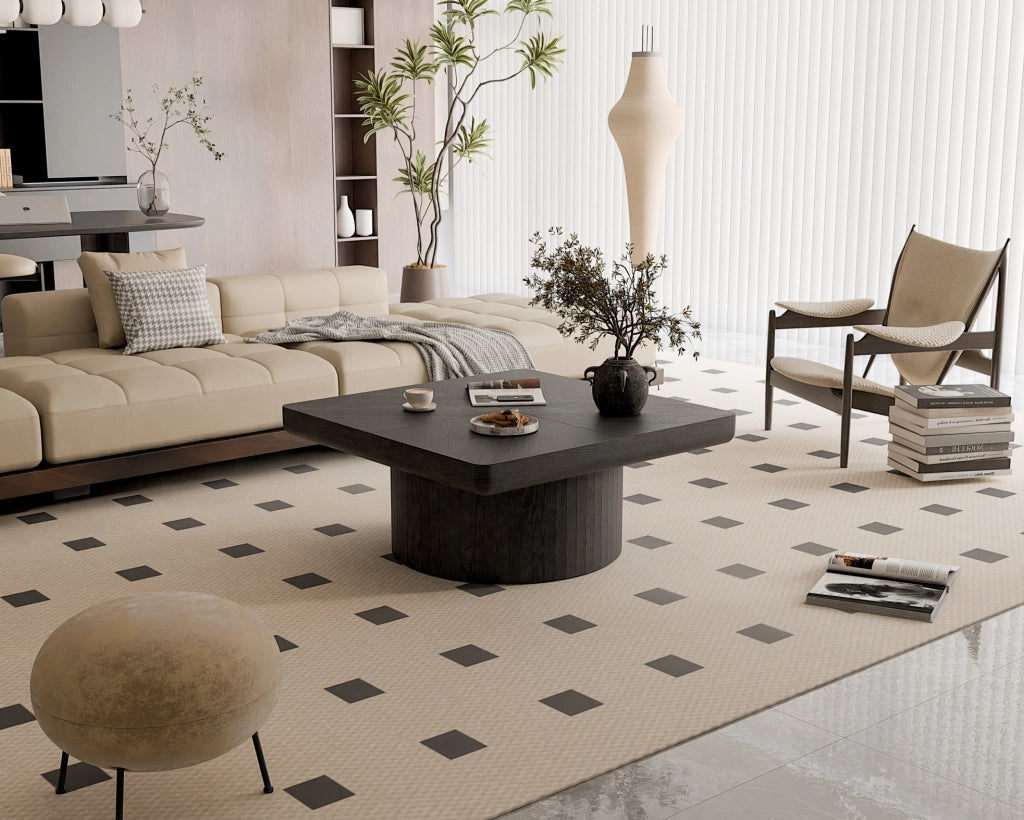 Tavolino Quadrato 78cm con Piano in Impiallacciatura a Parquet e Base Cilindrica Nero