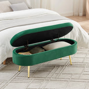 Panca contenitore multifunzione in velluto verde con telaio in legno massello e gambe in metallo, 110x40x42 cm, 20L di spazio
