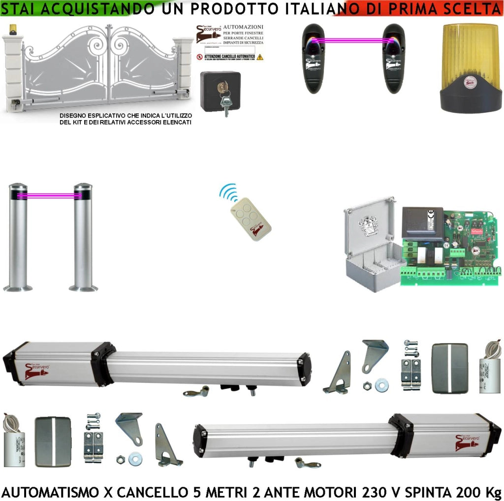 Automatismo Cancello 5 Metri 2 Ante da 2,5 MT Kit Motori Elettromeccanici 230V Sblocco Corsa 300mm Spinta 2 Q.li Staffe Radiocomando 2 Coppie Fotocellule 2 Pali Selettore 2 Ck Faro Cartello Monitore