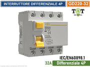 INTERRUTTORE MAGNETOTERMICO DIFFERENZIALE 32A PER BARRA DIN 4 MODULI 4P 220V-415VAC 30mA 6KA
