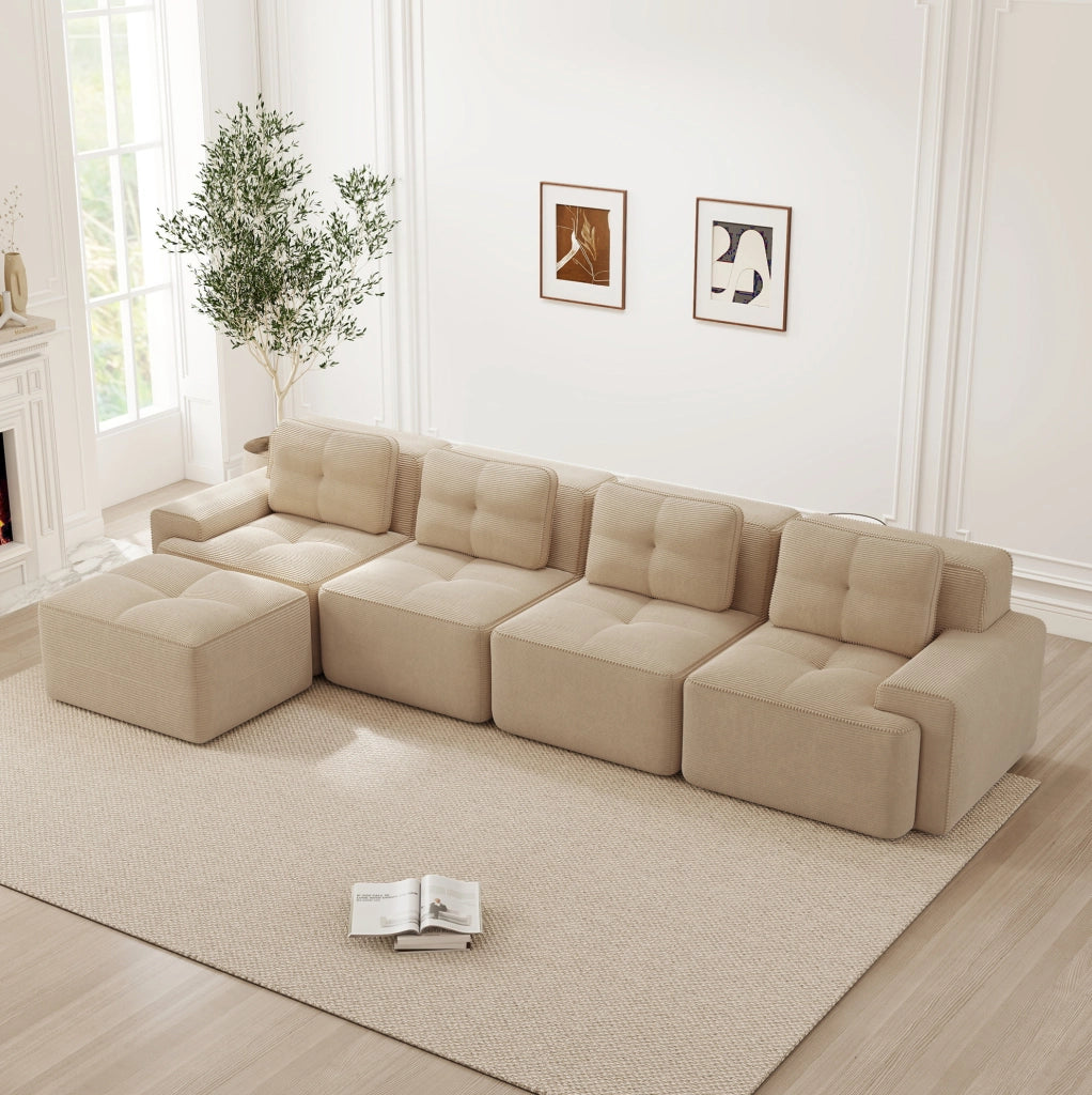 Divano modulare 4 posti con chaise longue a L, imbottito in velluto a coste beige senza braccioli