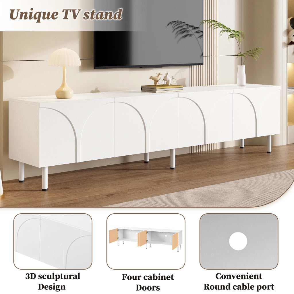 Mobile TV a quattro ante con linee curve tridimensionali in MDF e pannello truciolare bianco 180 × 35 × 49 cm