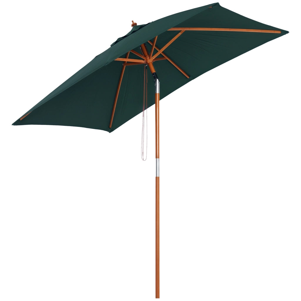 Ombrellone da Giardino 2x1.5 m Inclinabile con Palo in Legno 6 Stecche e Apertura a Corda, Verde