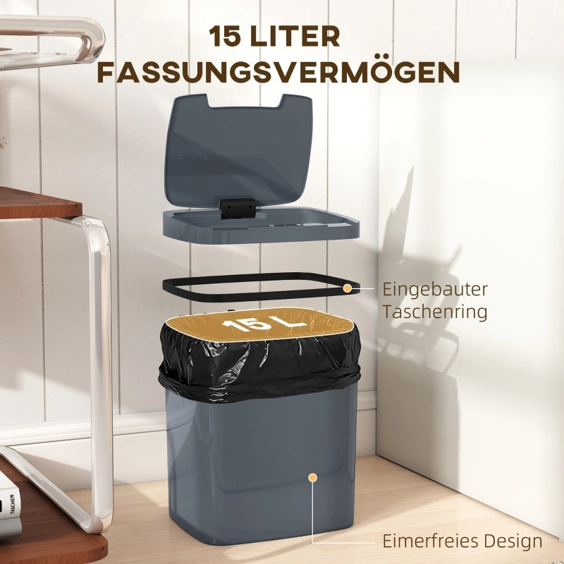 Pattumiera automatica 15 l con sensore e apertura manuale grigia per cucina bagno e camera 27.6 × 21.4 × 33.5 cm