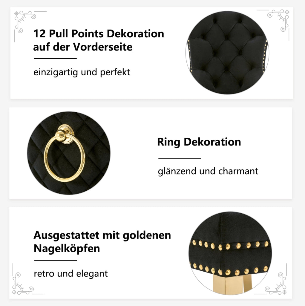 Set di 6 sedie da pranzo in velluto nero con gambe in acciaio inox dorato 50;5x45x95 cm