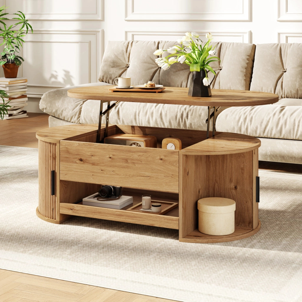 Tavolino basso alzabile con vani nascosti in MDF; ante scorrevoli e ripiano estraibile naturale 110 × 55 × 55 cm