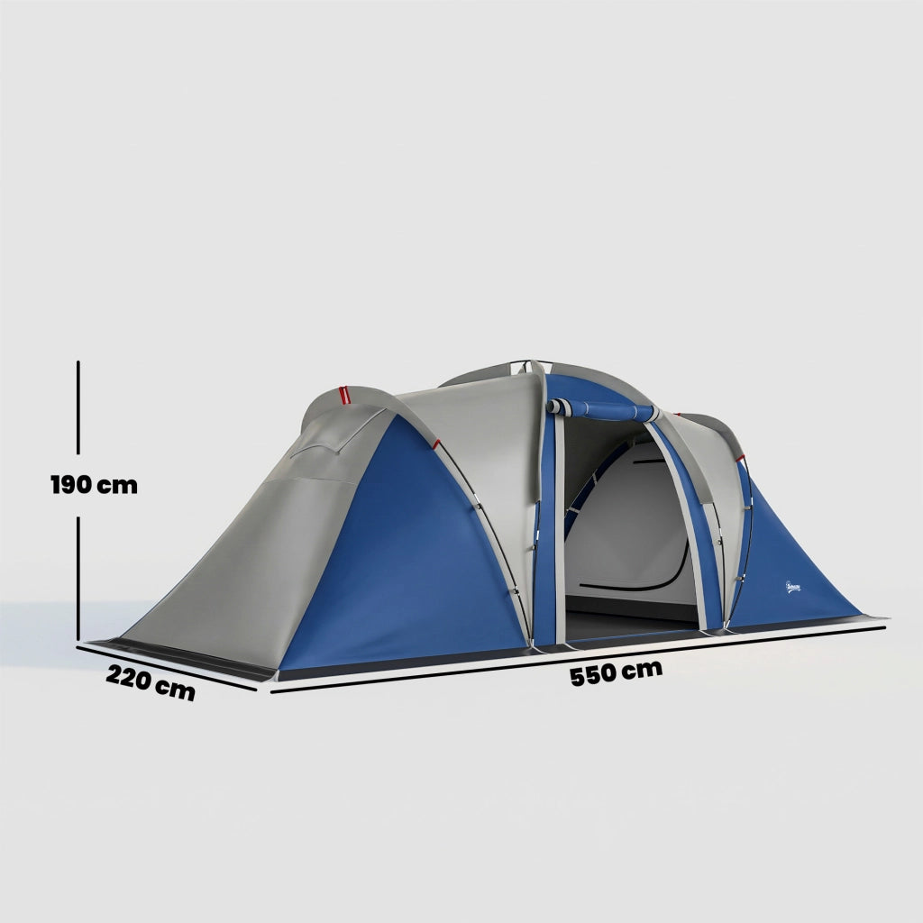 Tenda da Campeggio a Tunnel Familiare 4-5 Persone Blu Doppio Strato con 2 Camere Soggiorno Impermeabile 3000 mm per Giardino