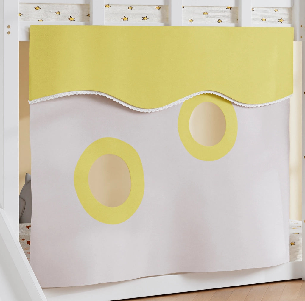 Letto a castello per bambini con scivolo, scala e tende, salvaspazio e funzionale