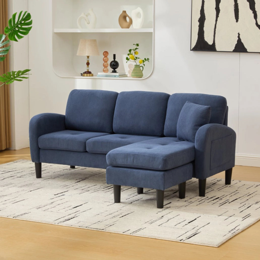 Divano angolare modulare blu, 3 posti, con chaise longue