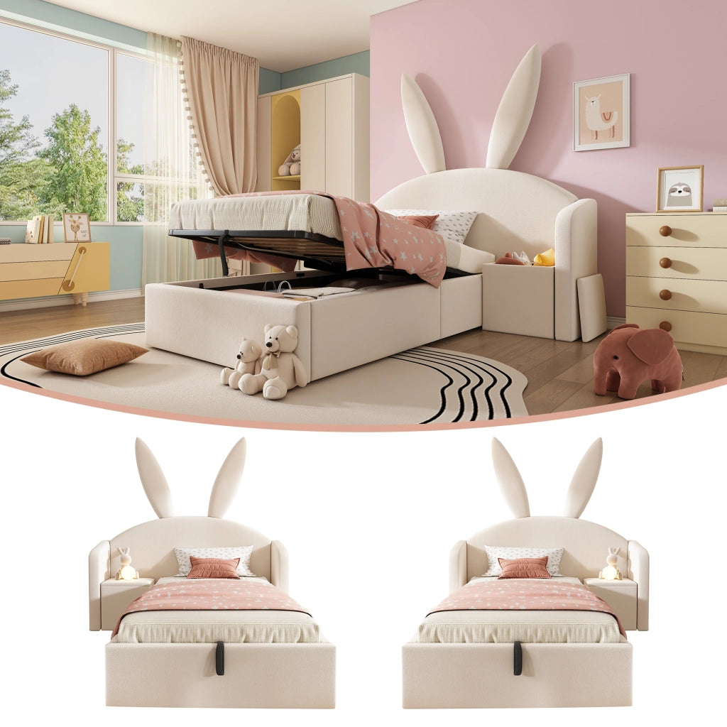 Letto contenitore 90 × 200 cm con comodino reversibile testiera con orecchie di coniglio in velluto beige