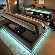 Letto matrimoniale 140x200 cm con materasso; LED; USB e Type-C; vano contenitore idraulico; grigio in lino