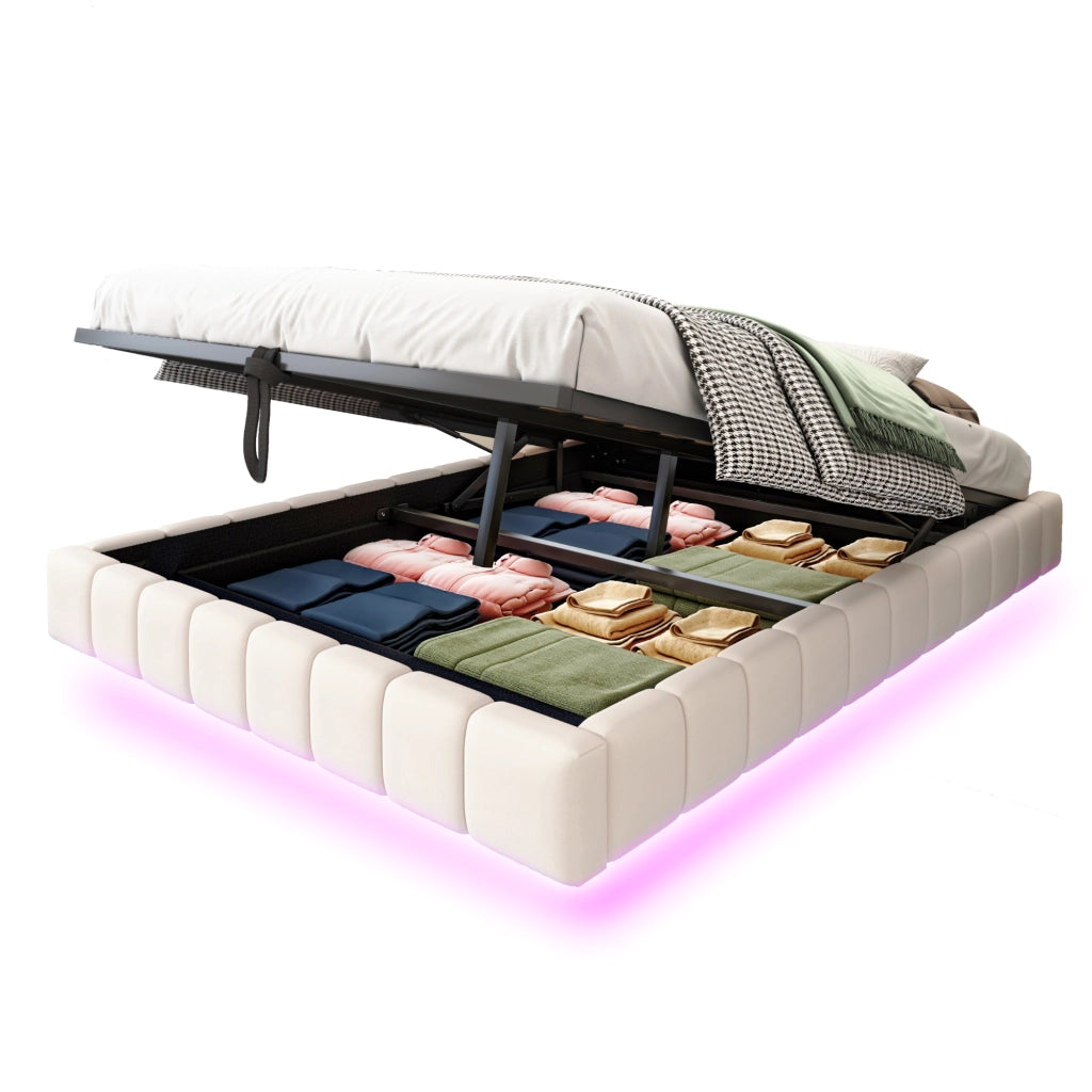 Letto Contenitore Imbottito 140x200 con LED ¨C MINIMAL ¨C Beige, Senza Testiera, Idraulico