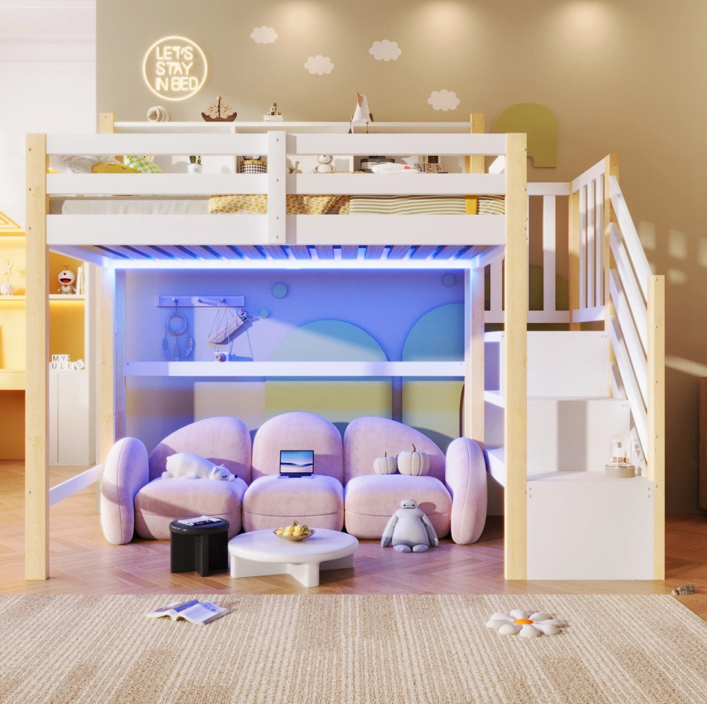 Letto a soppalco 90x200 cm con LED e scala contenitore