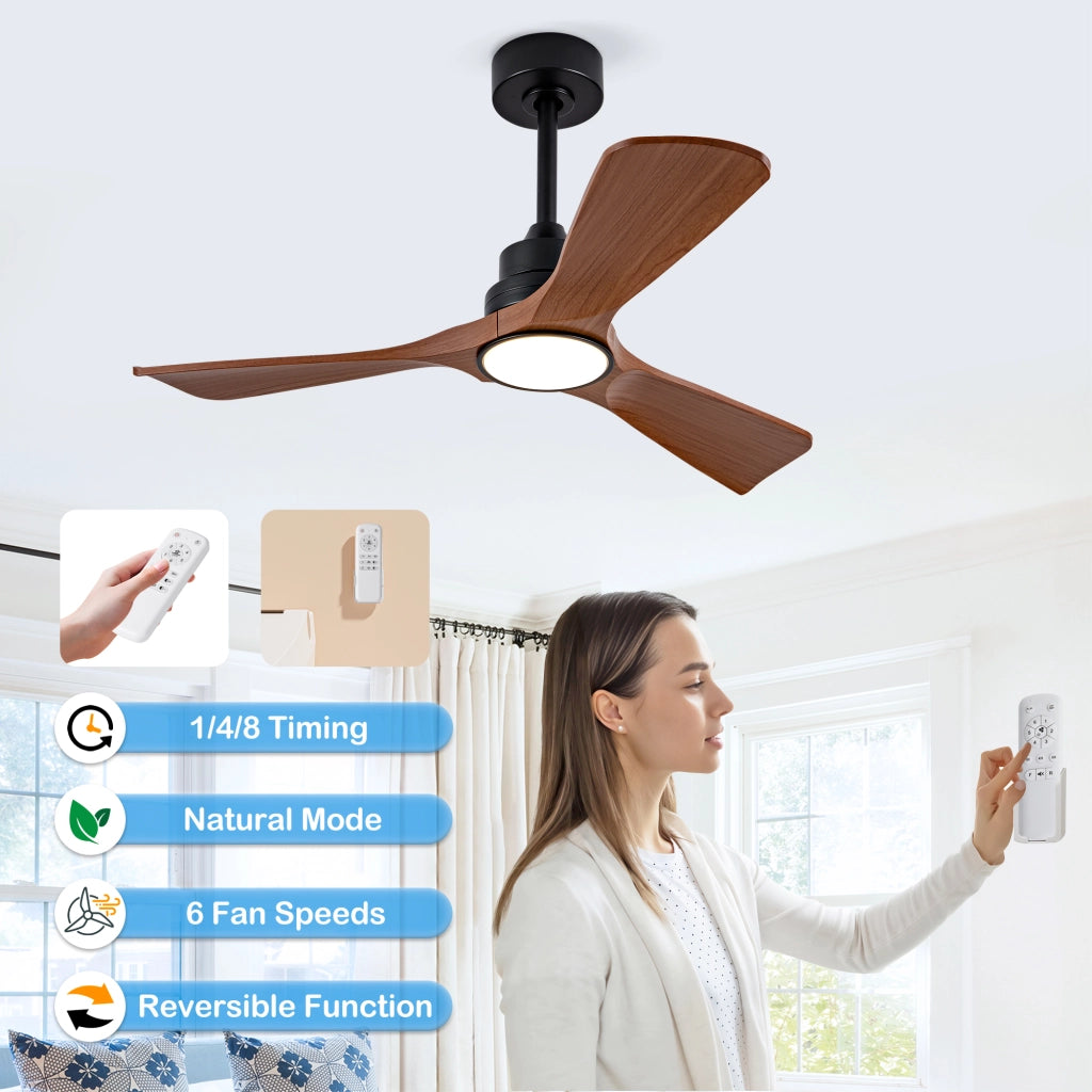 Ventilatore da soffitto con luce e telecomando, motore dc silenzioso, alette in abs nero e noce scuro