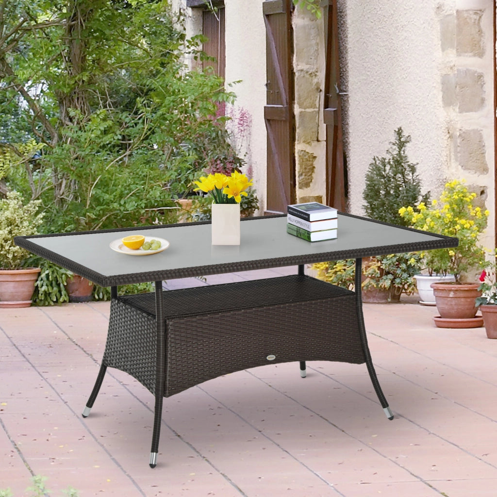 Tavolo da giardino da pranzo in polyrattan e vetro temperato marrone e nero robusto per esterno 150x85x74cm