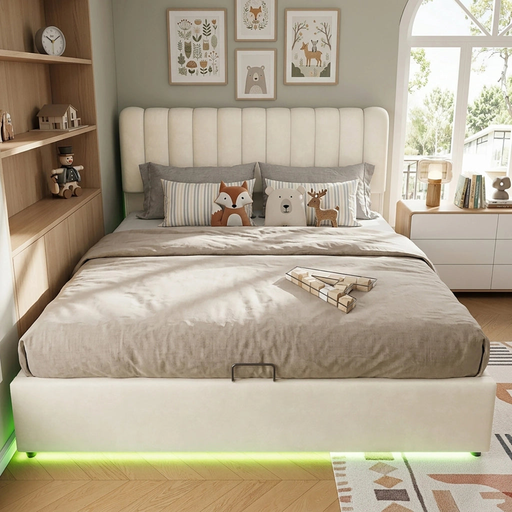 Letto contenitore imbottito 140x200 cm con 3 cassetti e LED; velluto beige