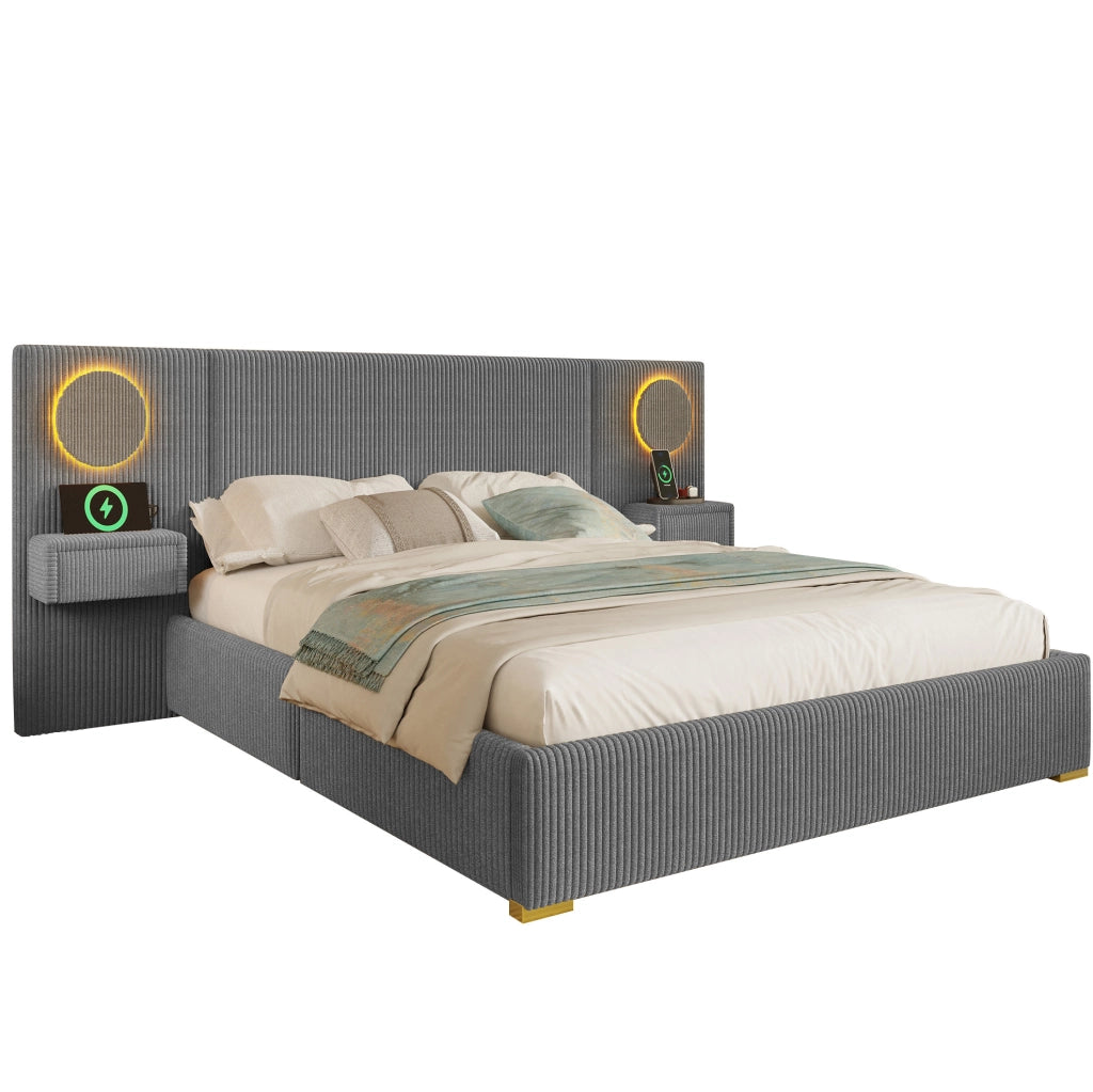 Letto imbottito 180x200 cm in velluto grigio con LED, USB e comodini