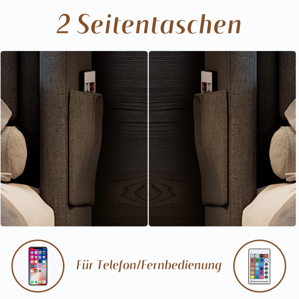 Letto matrimoniale 180x200 cm con contenitore; LED e ricarica USB-C; grigio