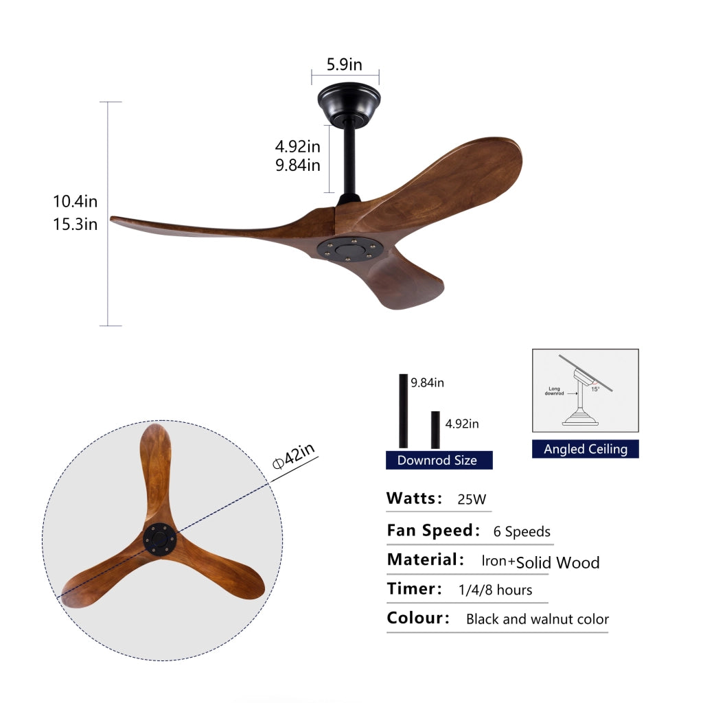 Ventilatore da soffitto con motore DC; telecomando e finitura nero e noce scuro