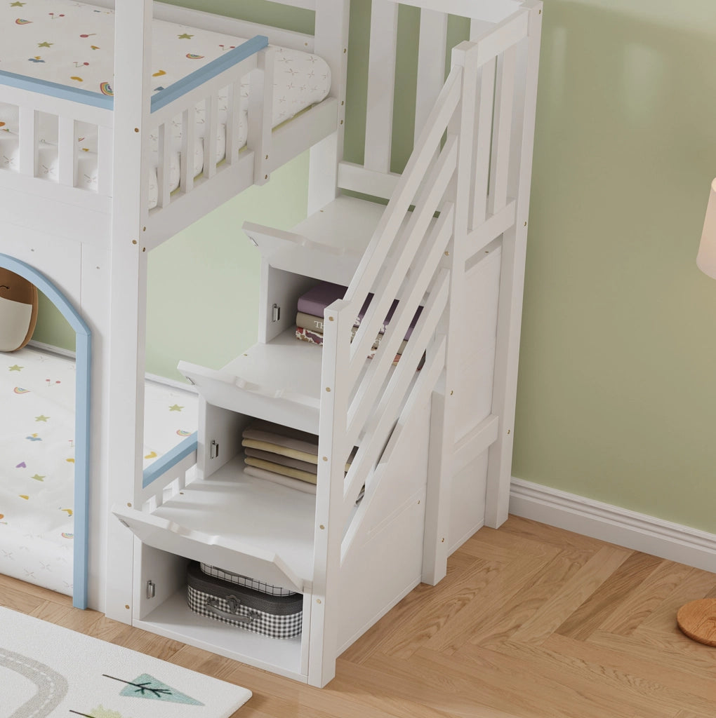 Letto a castello per bambini con armadio a gradini, struttura in pino e MDF, 90x200 cm, bianco e blu