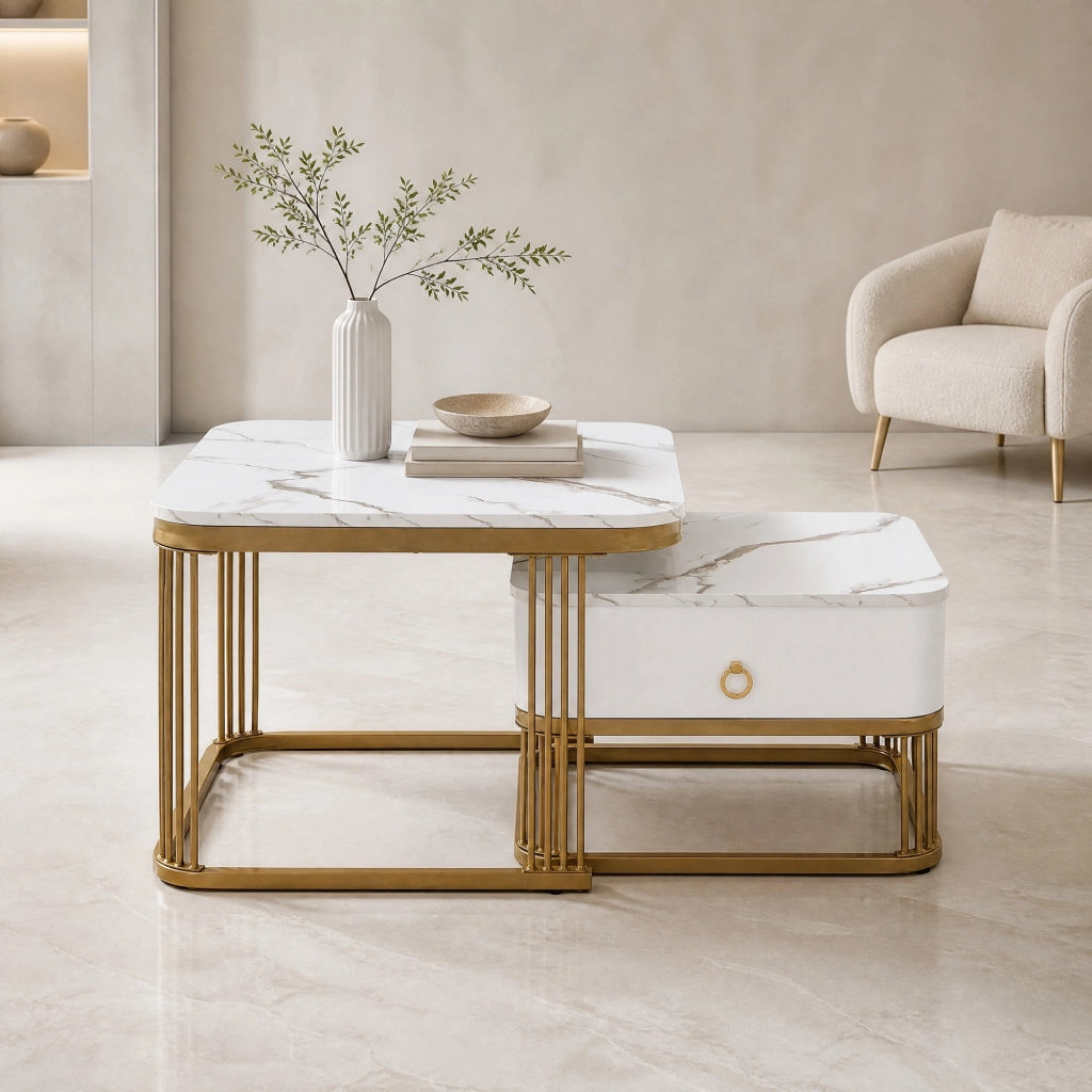Set di tavolini da salotto impilabili in MDF; effetto marmo lucido; bianco e oro