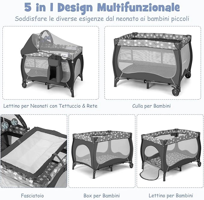 5 in 1 Lettino da Campeggio con Materasso, Lettino Neonato da Viaggio Pieghevole, Box Bambini Portatile con Borsa, Zanzariera, per Bambini 0-36 Mesi (Stella Grigia)