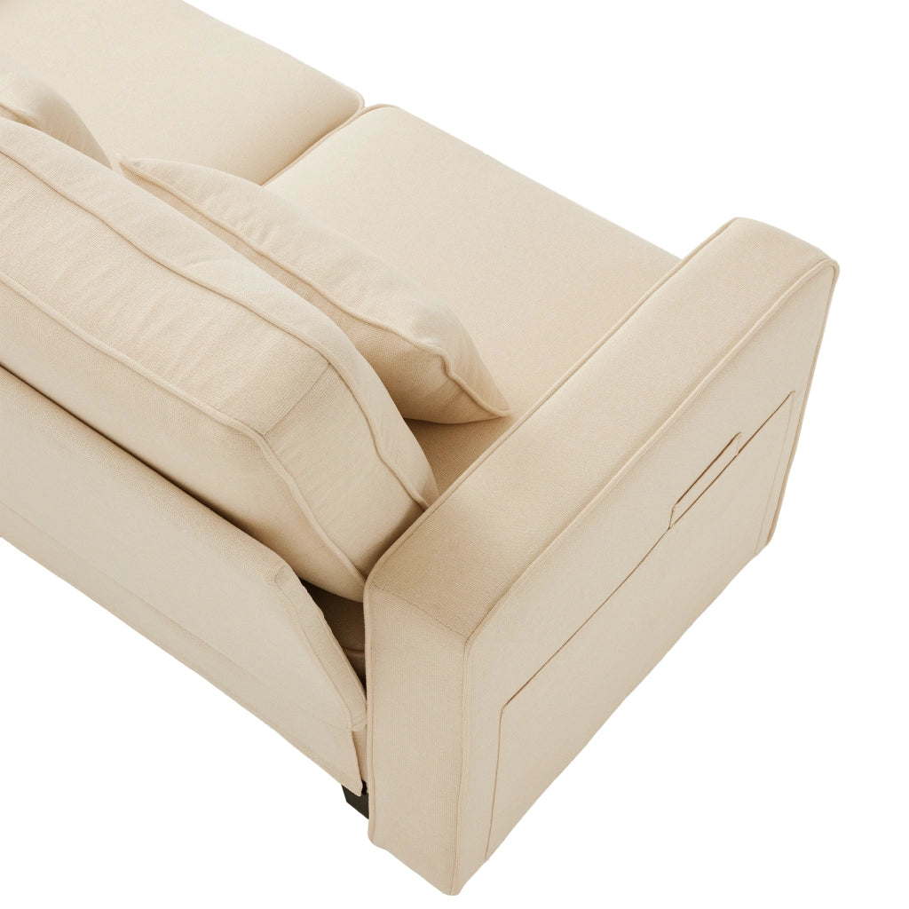 Divano 4 posti 290x83x88 cm con console, USB e portabevande in tessuto effetto lino beige