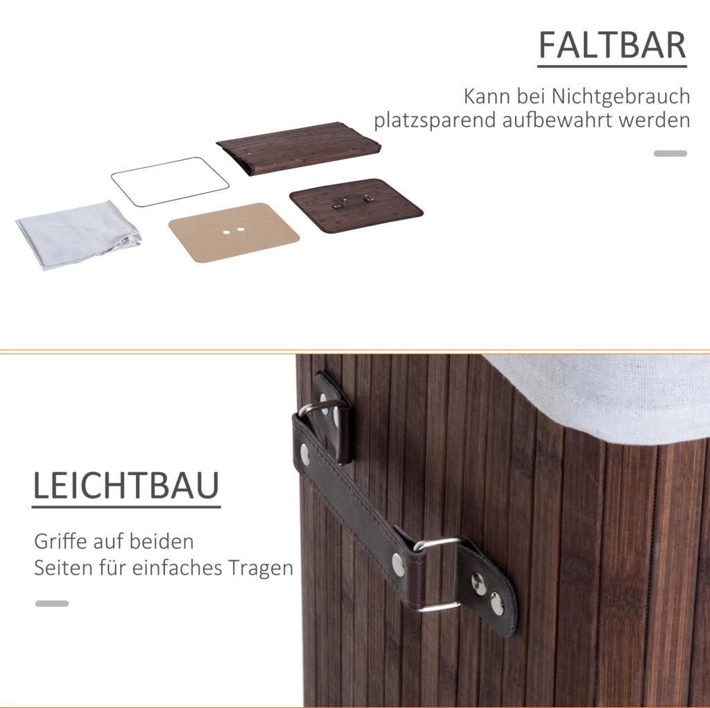 Cesto porta biancheria 72L in bambù con coperchio e manici, 40x30x60 cm, colore marrone scuro