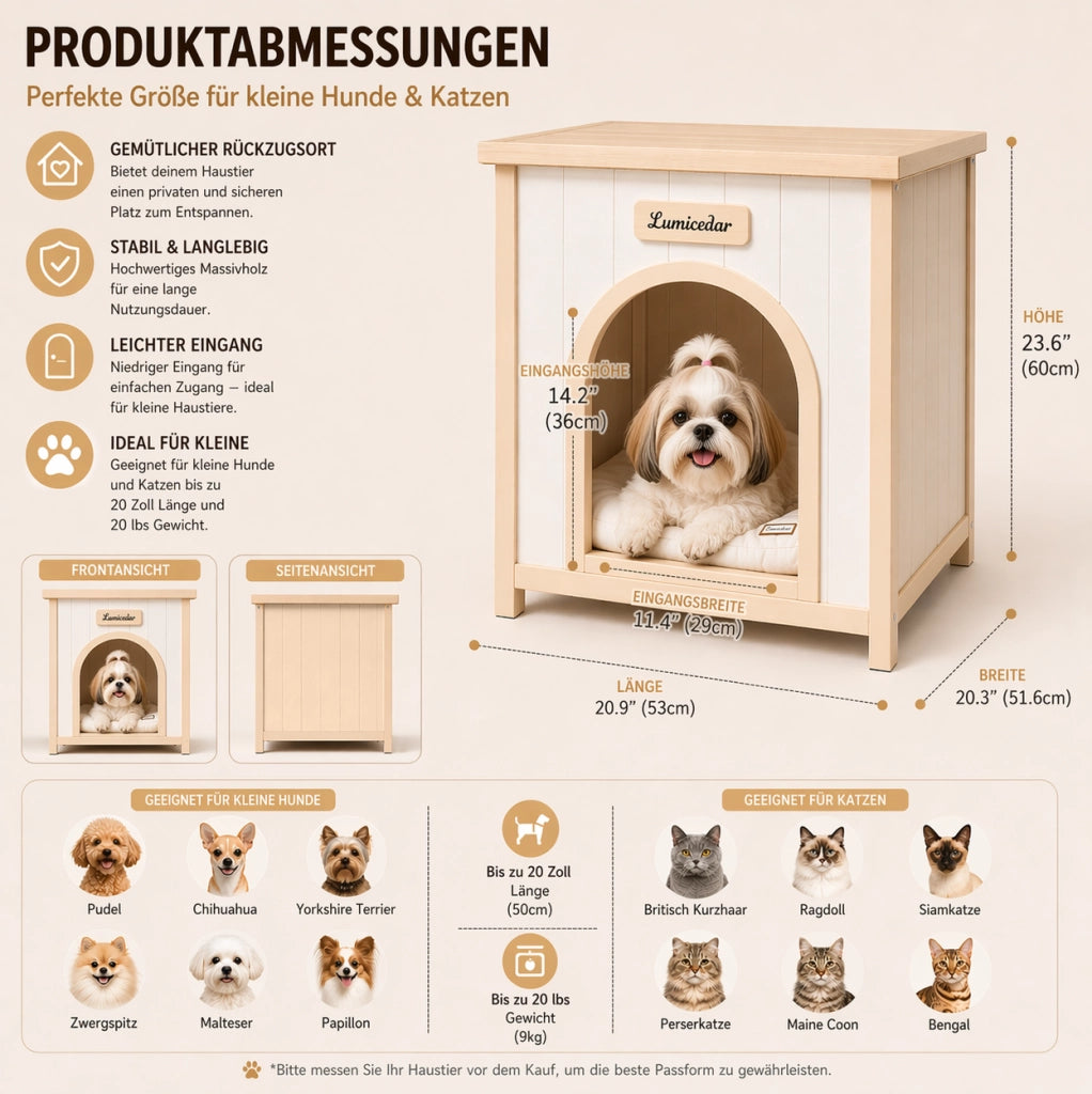 Cuccia per animali in legno con cuscino removibile; bianco crema; 64;6 × 57;8 × 20;1 cm
