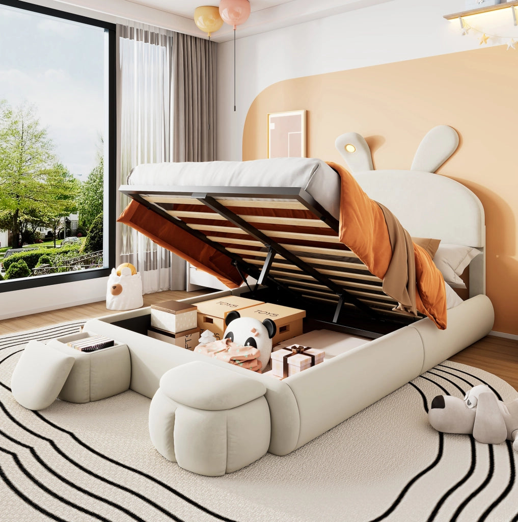 Letto imbottito con contenitore e LED, velluto beige, 140x200 cm